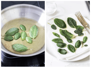 A skillet with sage leaves frying in the oil and another showing sage leaves on a paper towel lined plate.